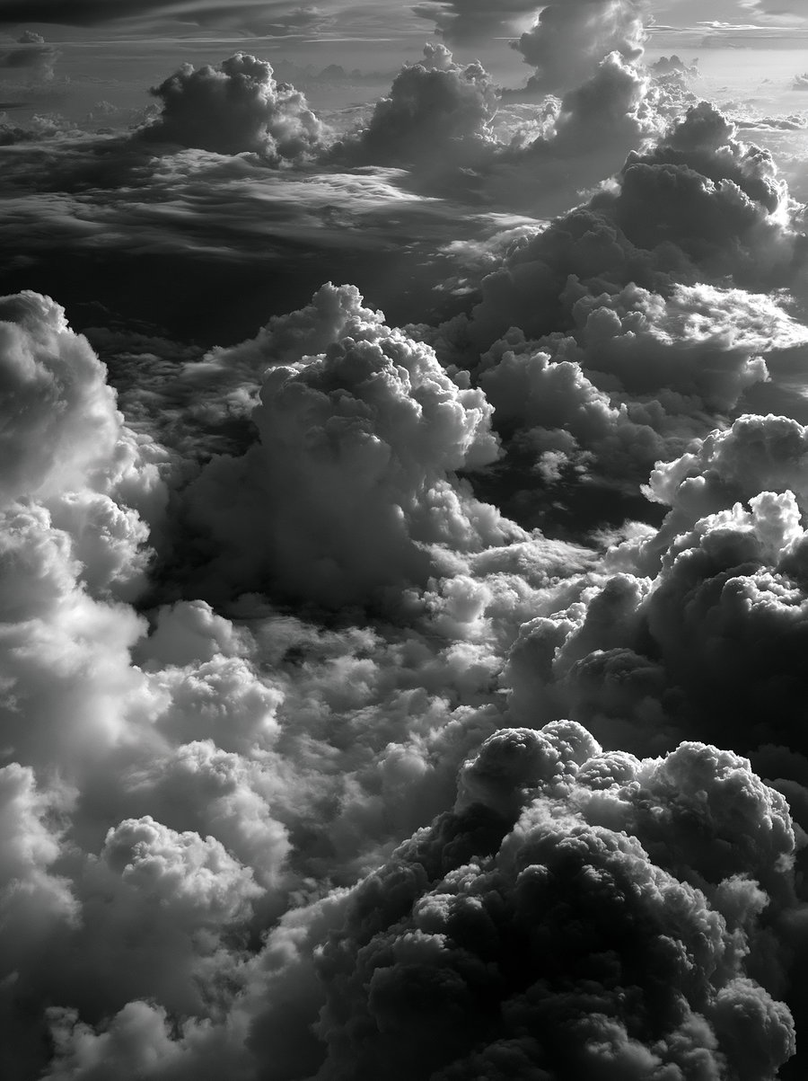 Black and white photo showing a view above thick, towering clouds with varying shades of gray and lots of texture