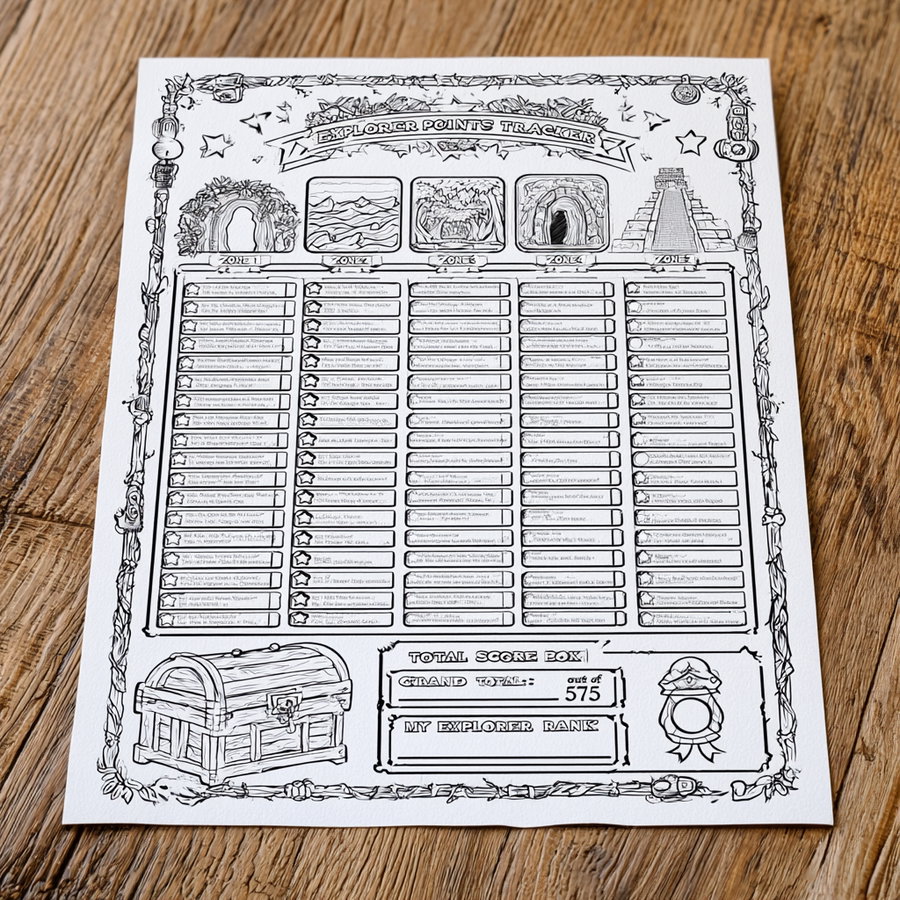 A black and white hand-drawn sheet titled Explorer Points Tracker with detailed frames and columns under zones, featuring images of a cave, treasure chest, pyramid, and stylized borders placed on a wooden surface.