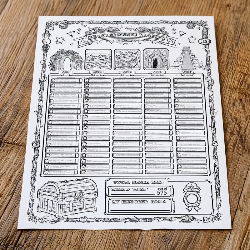 Hand-drawn explorer points tracker with detailed fantasy-themed illustrations