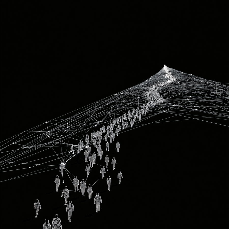 A group of stylized human figures outlined in white walking along a path formed by interconnected glowing white lines against a black background
