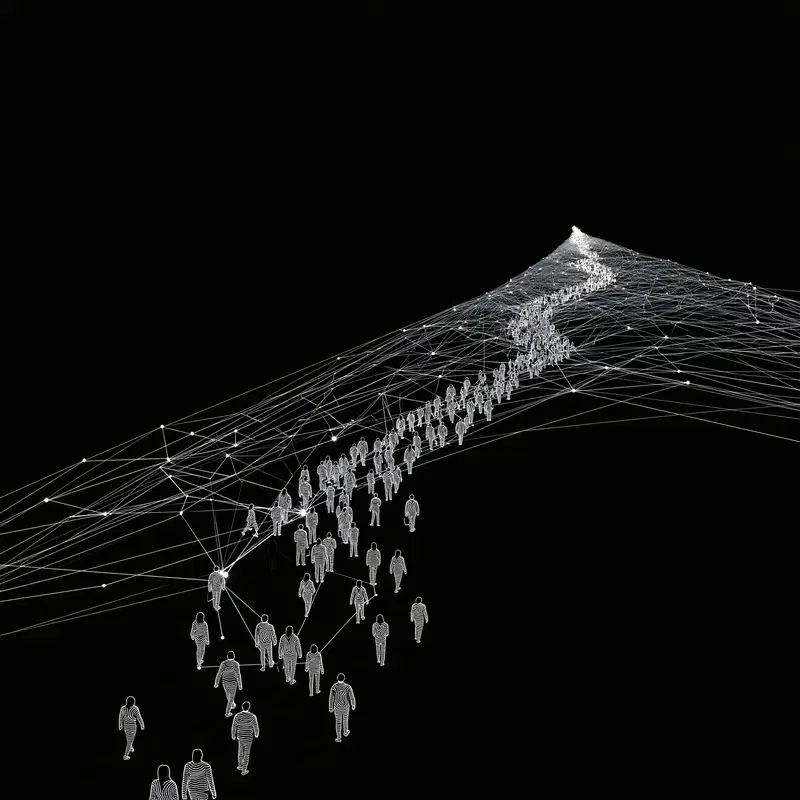 Digital representation of interconnected human figures walking through a network of lines