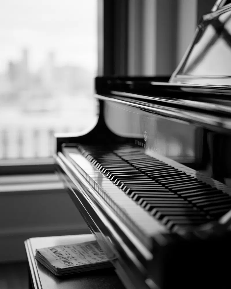 Black and white close-up photography of a grand piano keyboard