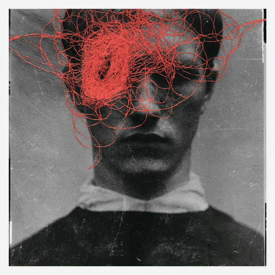 black and white photo of a person with a serious expression and a red tangled thread covering one eye and parts of the face
