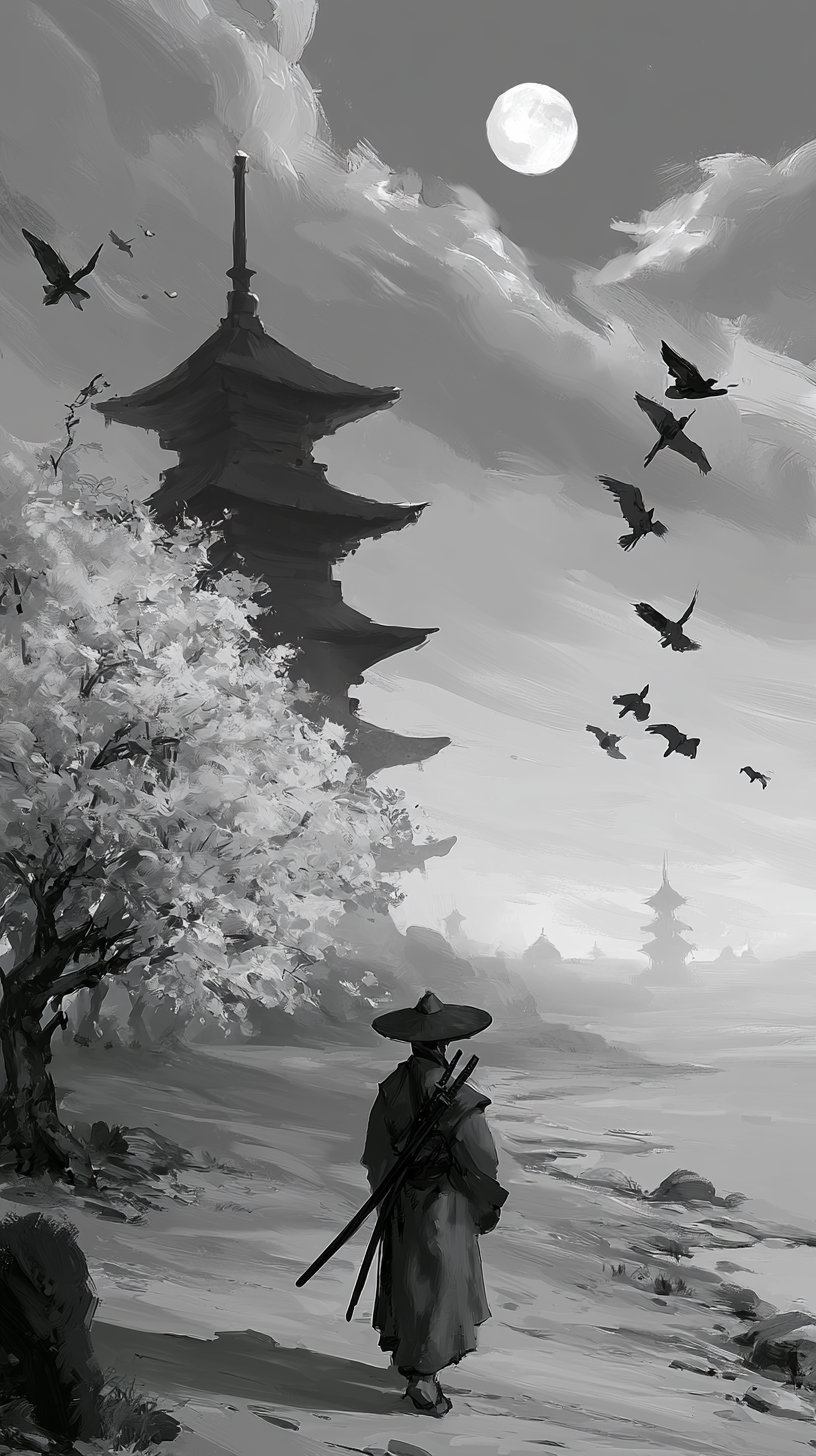 A grayscale digital painting depicting a lone figure wearing a traditional hat and robes, carrying two swords on his back, walking along a shoreline with blossoming trees and a multi-tiered pagoda, while birds fly across a cloudy sky with a bright full moon.