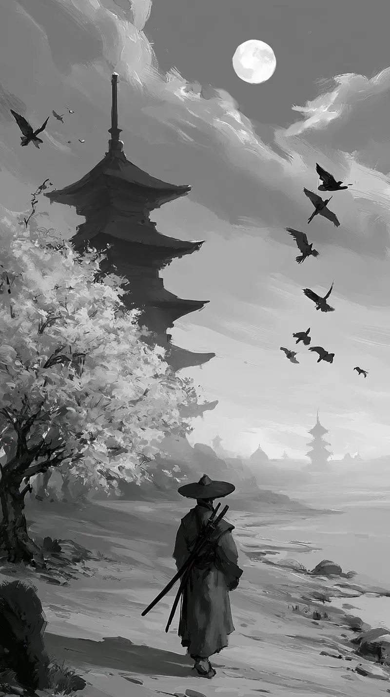 Monochrome fantasy scene of a lone swordsman walking near a pagoda under a full moon