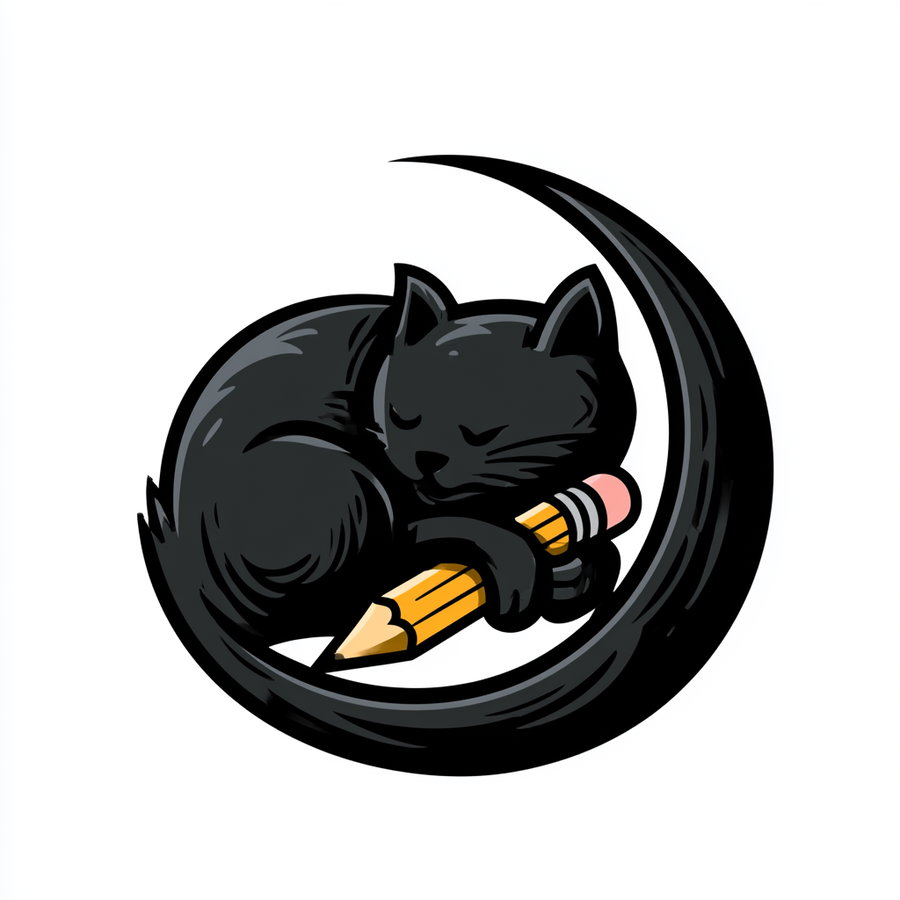 Illustration of a black cat sleeping curled around a yellow pencil with a pink eraser, on a white background