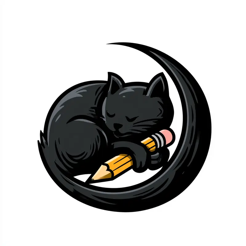 Black Cat Curled Around a Pencil in a Character Design Style