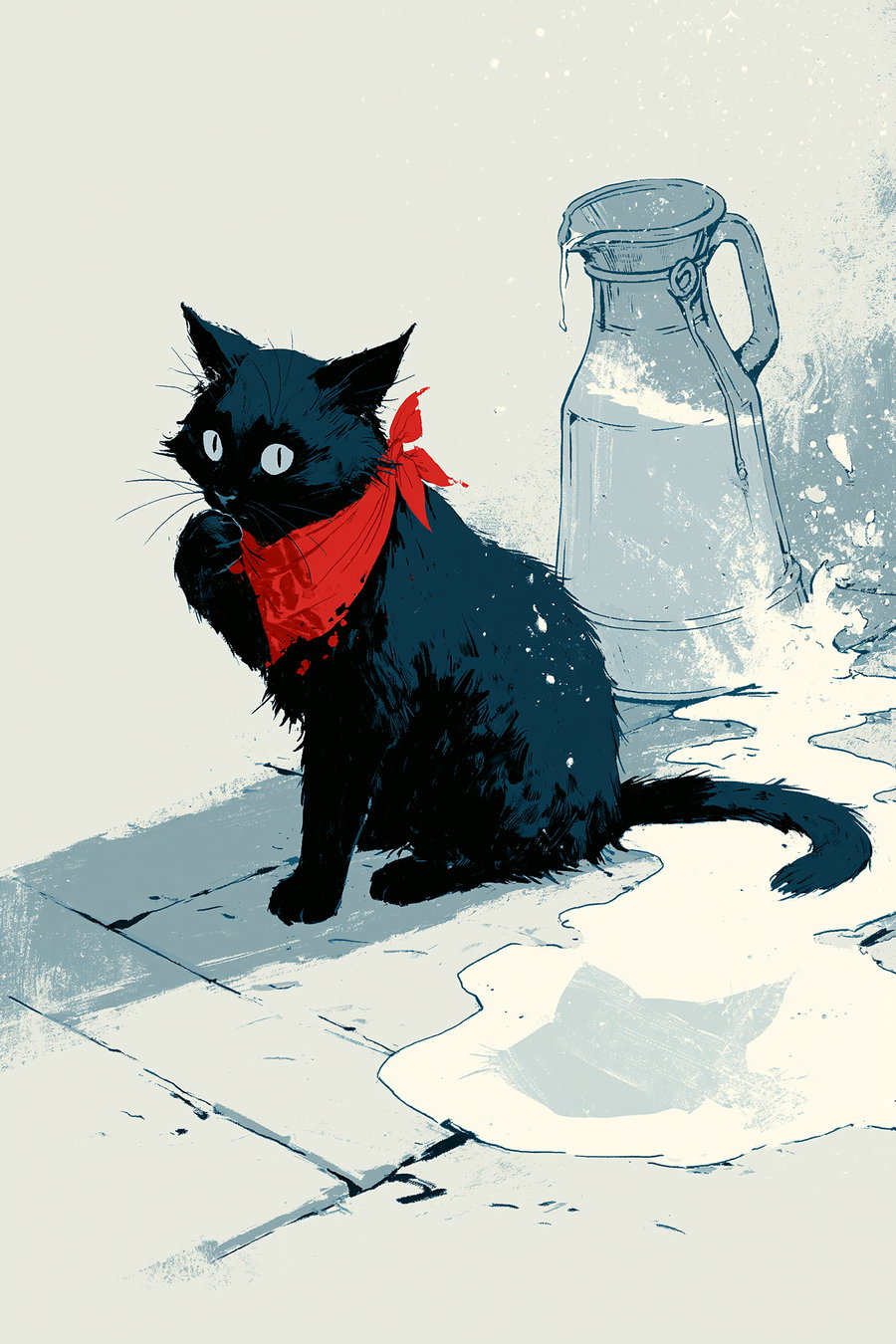 A black cat wearing a red scarf sitting next to a spilled milk puddle and a glass jug on a wooden floor