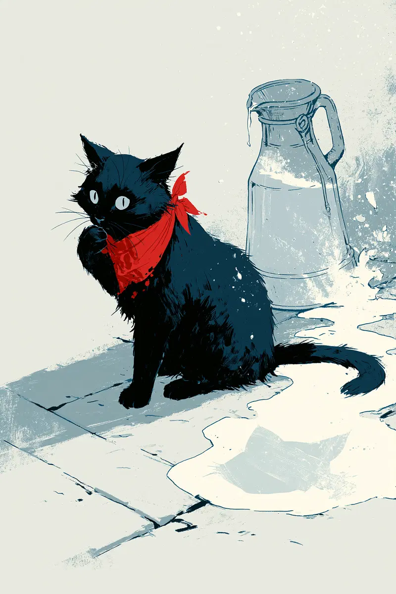 Illustration of a black cat with a red scarf beside spilled milk and a glass jug