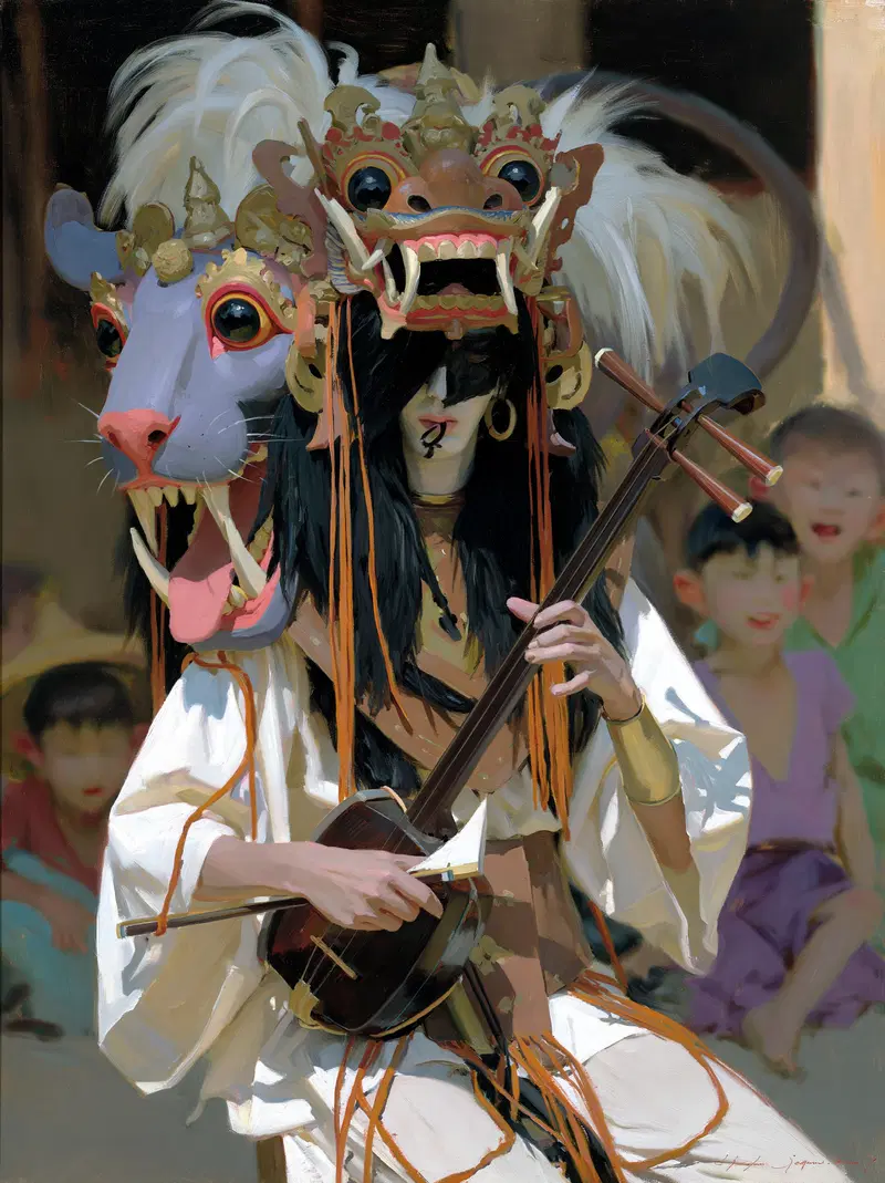 Musician in elaborate animal-themed costume playing a traditional string instrument