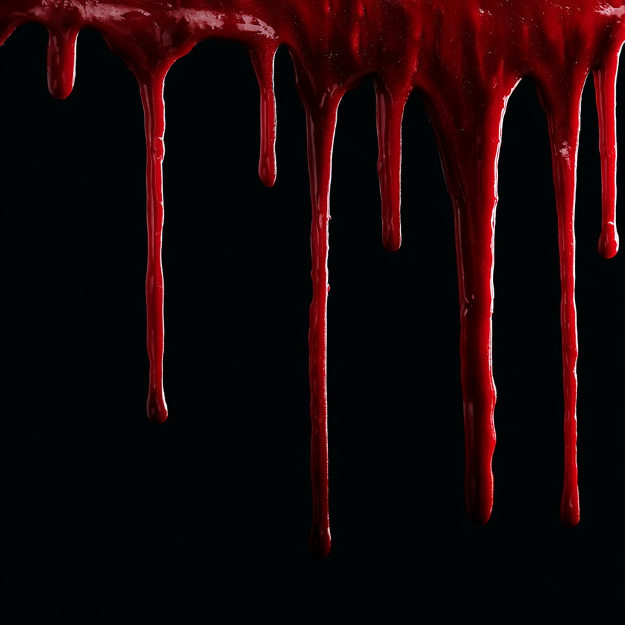 Several streams of thick red liquid flowing downwards against a black background