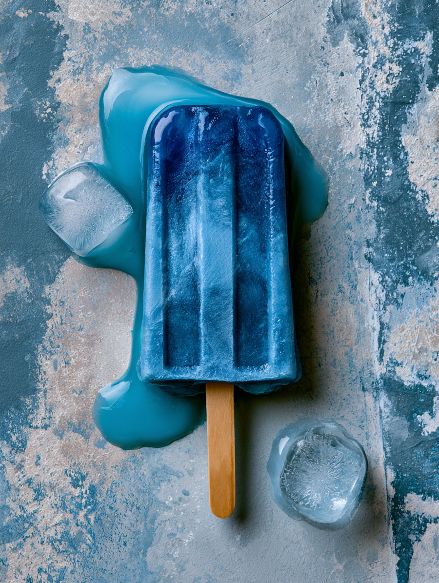 A blue popsicle melting on a textured surface with two ice cubes beside it