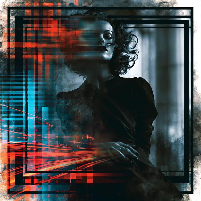 Digital art portrait of a woman with glitch effects and abstract geometric elements