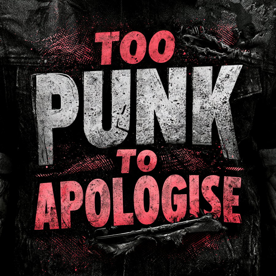 Close-up of a black fabric background with distressed red and white text that says Too Punk To Apologise, featuring grunge texture and safety pins.
