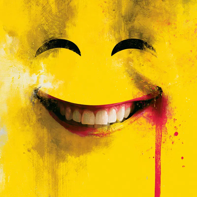 Pop Art depiction of a smiling face with dripping paint on yellow background