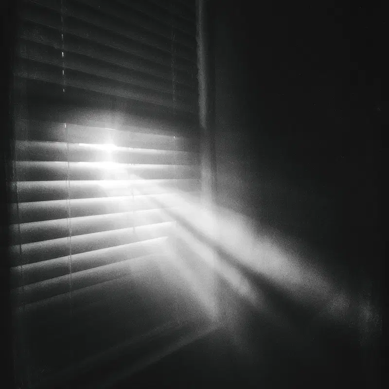 Black and white photo of light shining through window blinds in a dark room