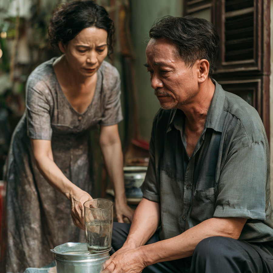 An elderly man sitting with a serious expression and an elderly woman handing him a glass of water indoors