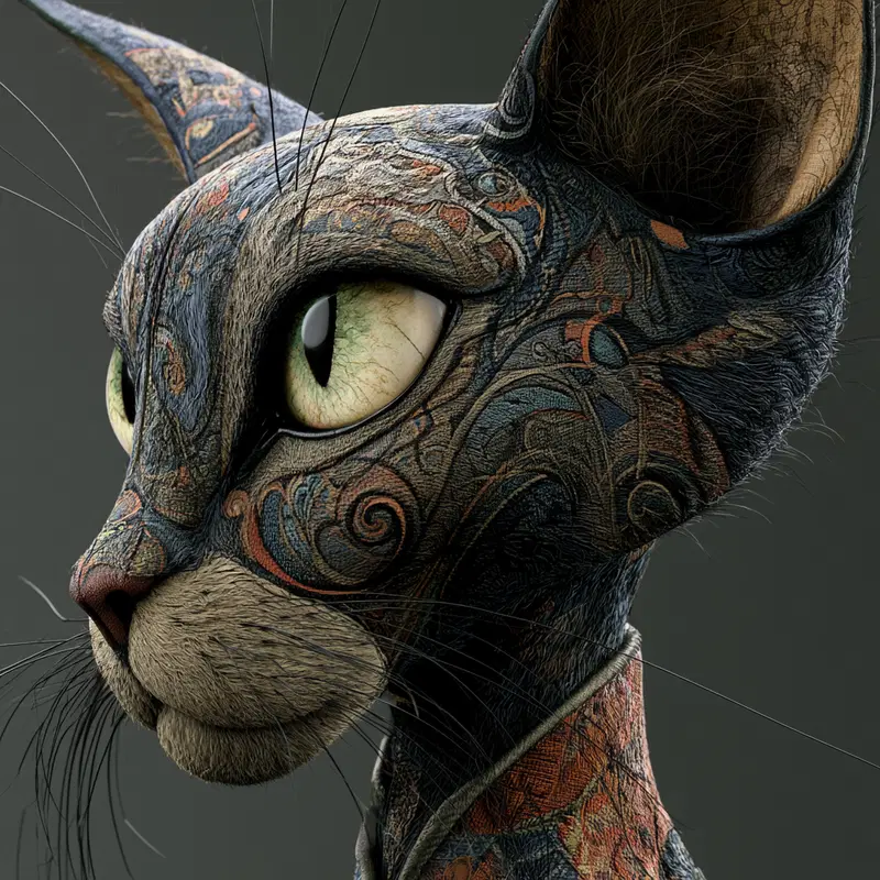 Detailed tattooed anthropomorphic cat character in close-up profile