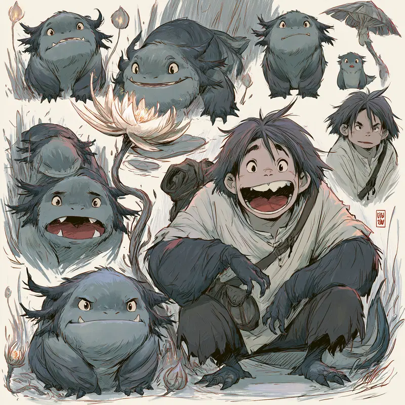 Character design sketches of a fantasy boy and creature in expressive poses