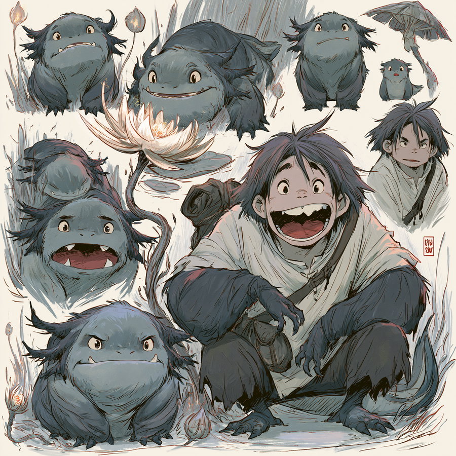 A collection of character design sketches showing a young boy with wild hair and large gloves, alongside a blue creature with multiple expressions and poses, surrounded by plants and flowers.