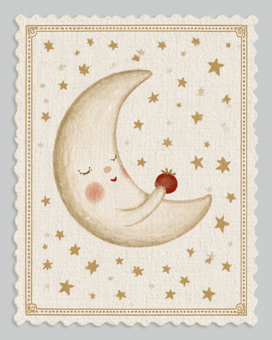 A beige crescent moon with a smiling face and rosy cheeks holding a small red fruit, surrounded by scattered golden stars on a textured, scalloped-edge rectangular background.