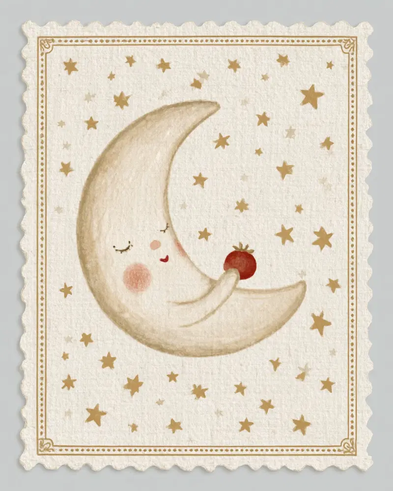 Whimsical illustration of a crescent moon holding a red fruit among golden stars