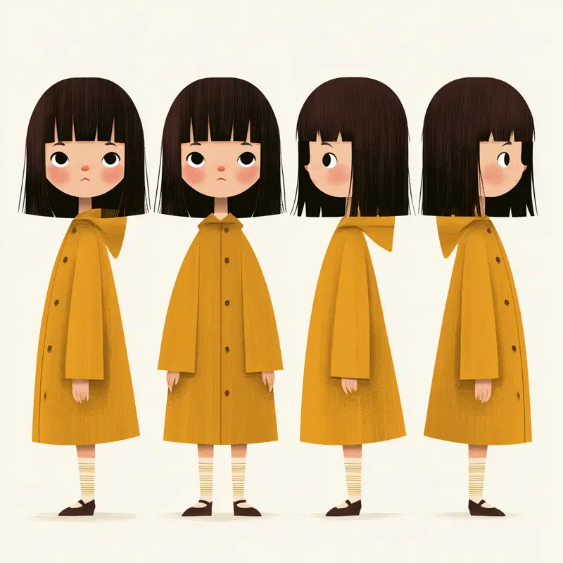 Character turnarounds of a young girl in a yellow coat with straight hair