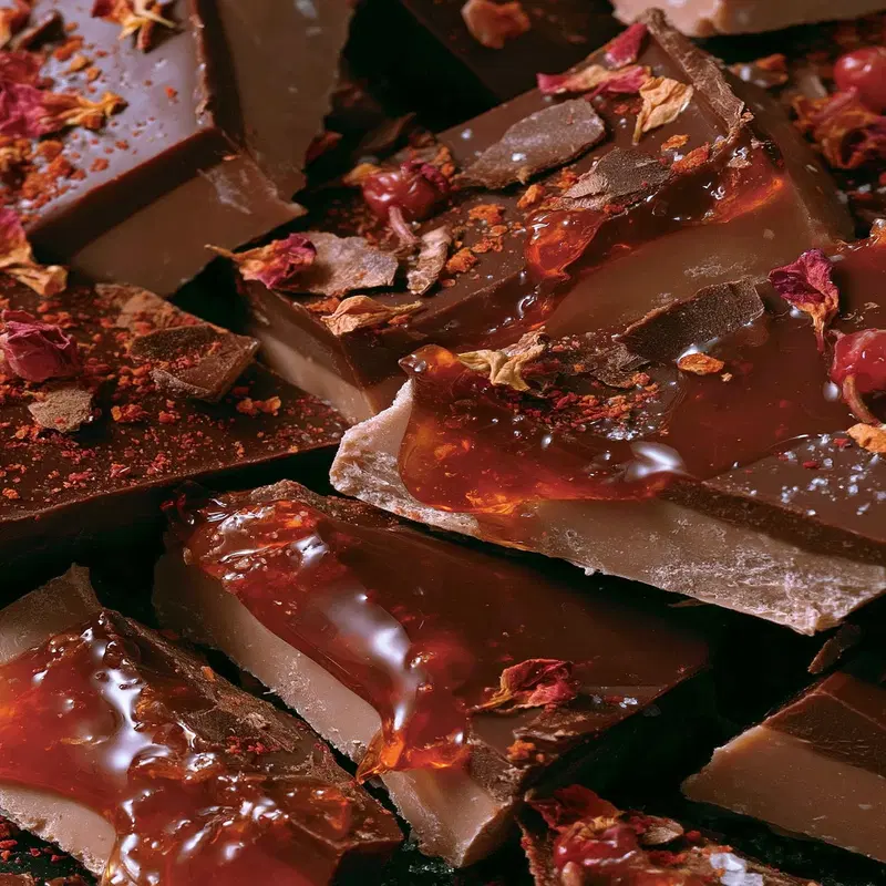 Close up of artisanal chocolate bars with jelly and flower petals