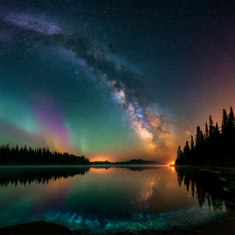 Stunning night sky with Milky Way and northern lights over calm lake