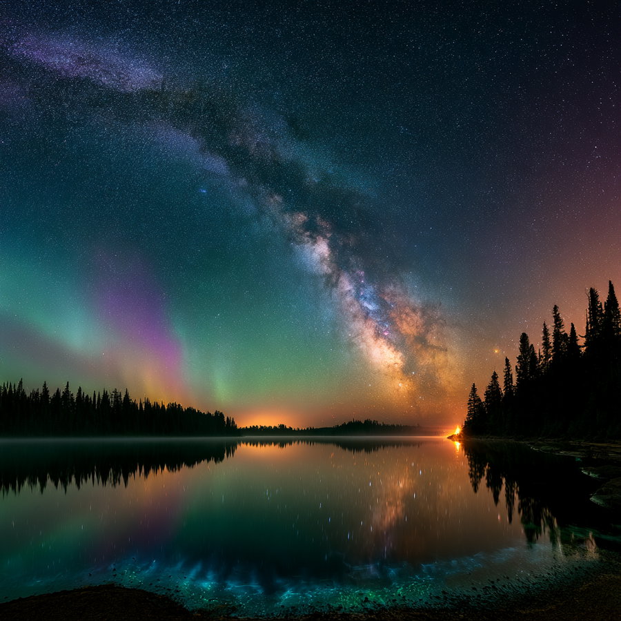 A night landscape photo showing a star-filled sky with the Milky Way arching above a calm lake, colorful northern lights visible to the left, with dark silhouettes of trees on both sides and bright reflections on the water surface