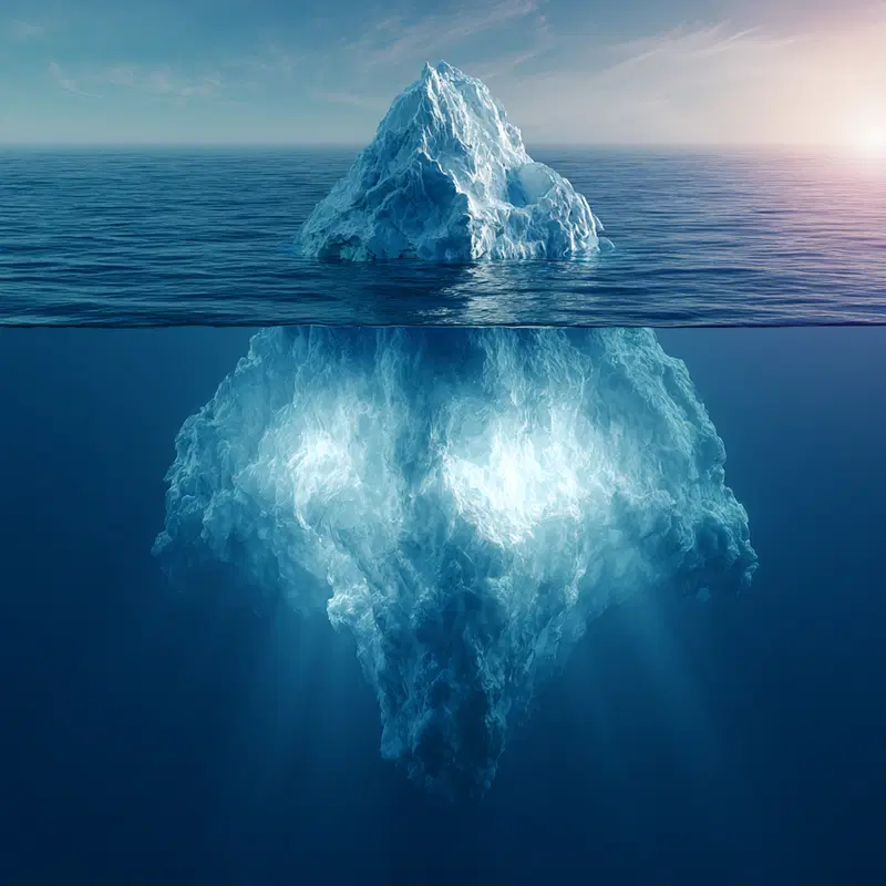 Detailed view of a large iceberg floating in the ocean with underwater section visible