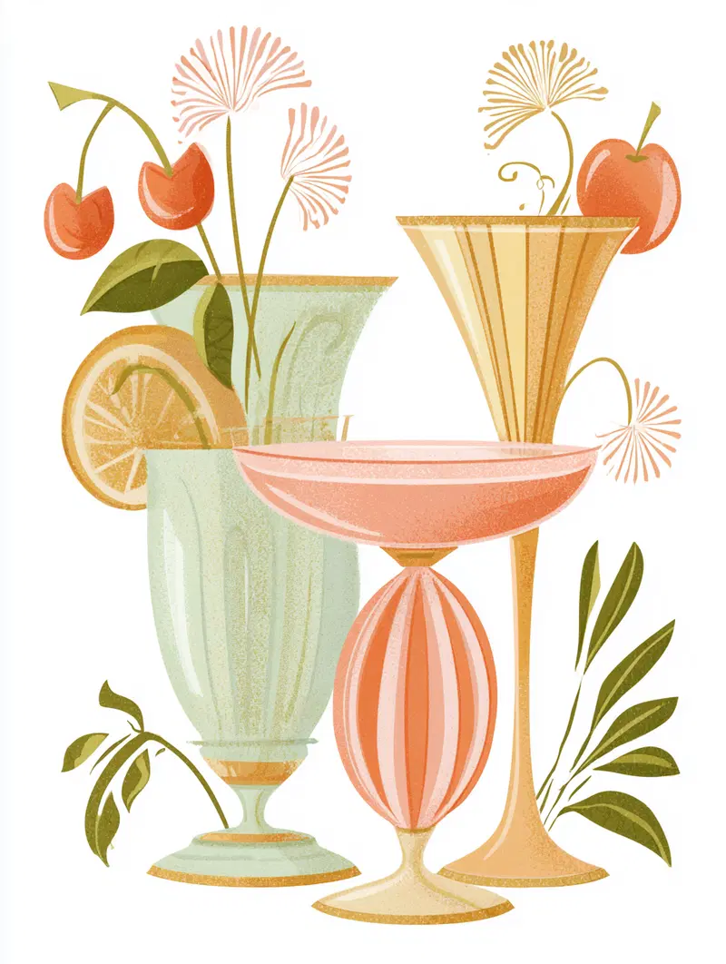 Stylized illustration of cocktail glasses with fruit and floral decorations