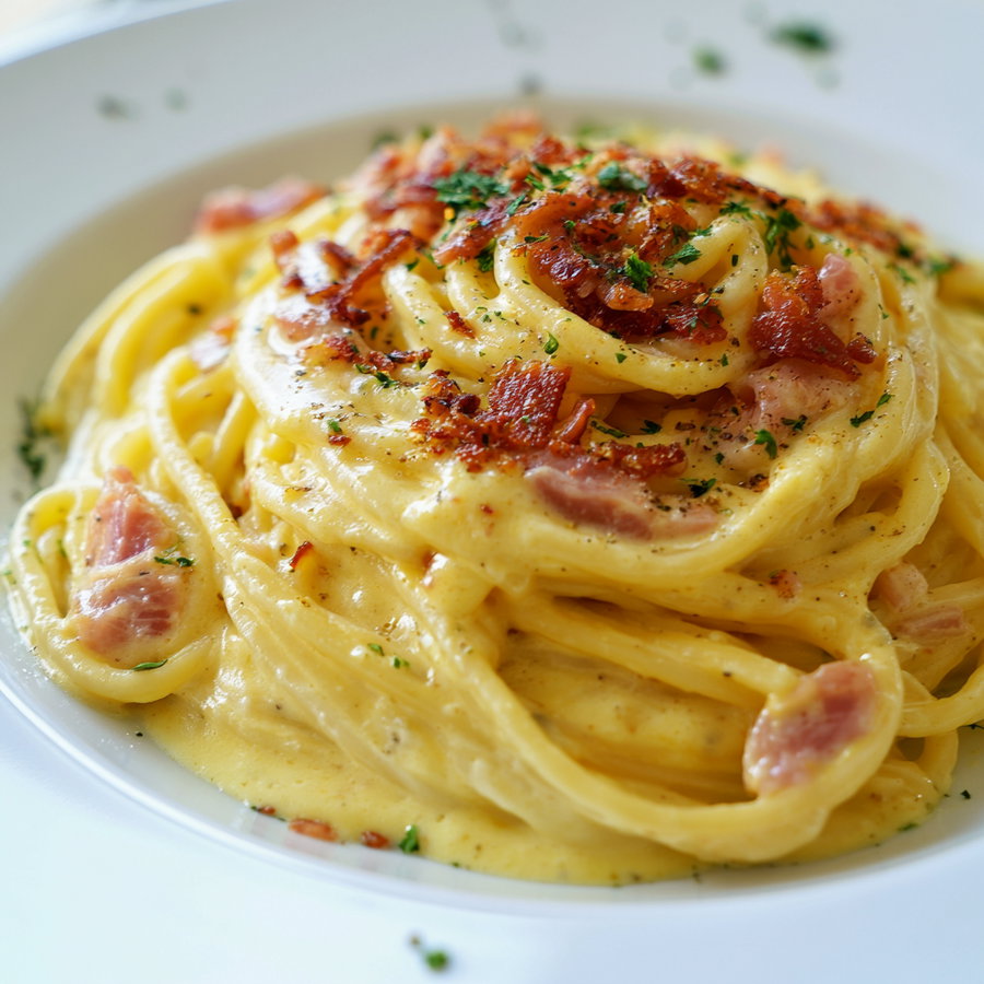 A close-up view of a serving of creamy pasta carbonara with pieces of bacon and sprinkled herbs on a white plate.