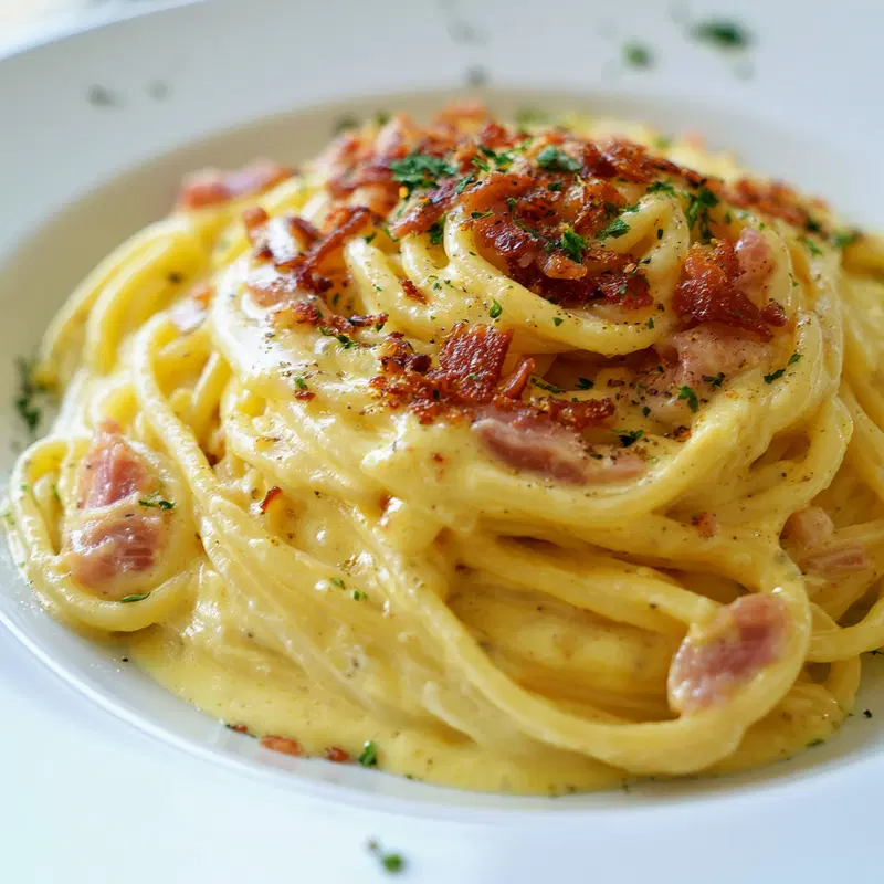 Close-up of creamy pasta carbonara with bacon and herbs on white plate
