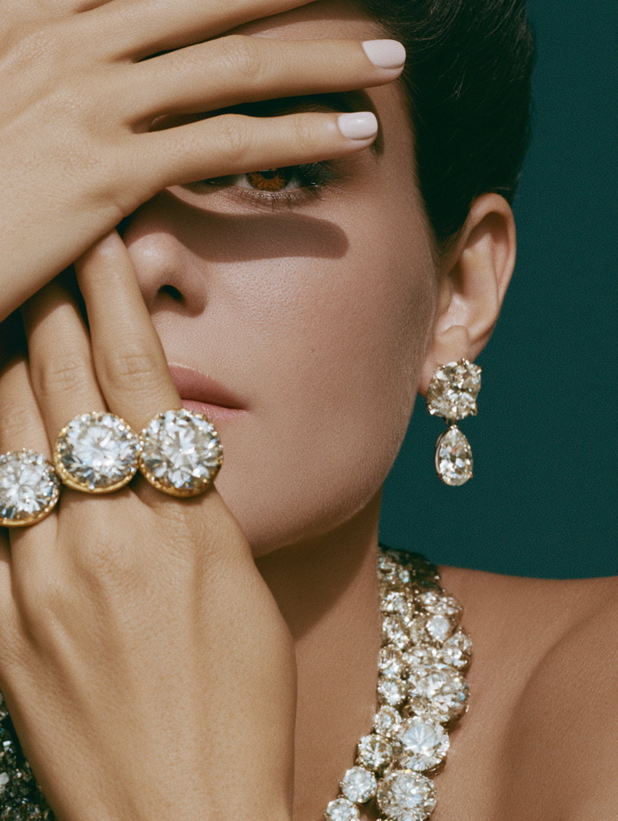 Close-up of a woman's face partially covered by her hand wearing large diamond rings, with diamond earrings and a necklace visible