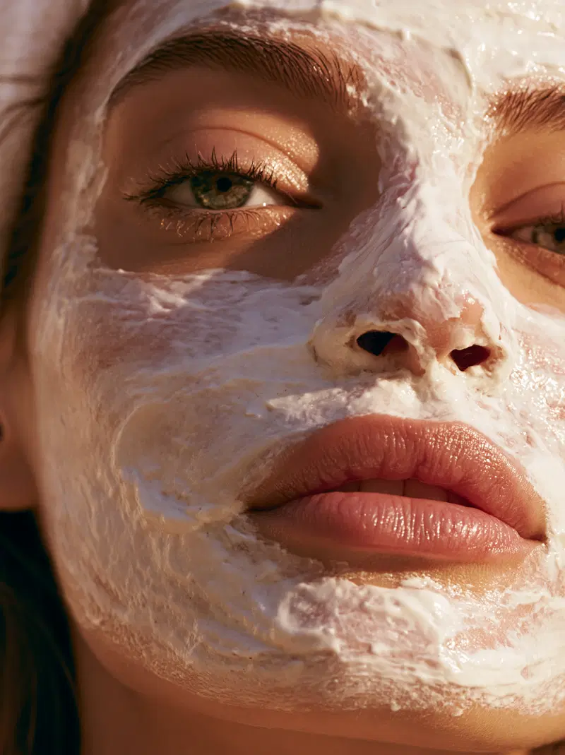 Close-up portrait of a woman with a white facial mask applied