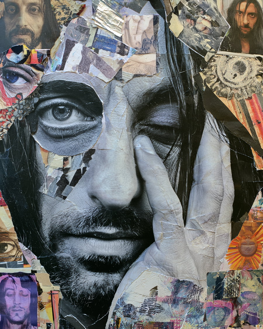A collage artwork combining a black and white photograph of a man's face with various torn and layered colorful paper textures and smaller images, creating a textured and multi-dimensional effect.