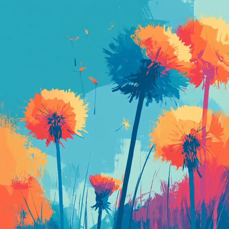 Abstract vibrant digital painting of colorful dandelions blowing in the wind