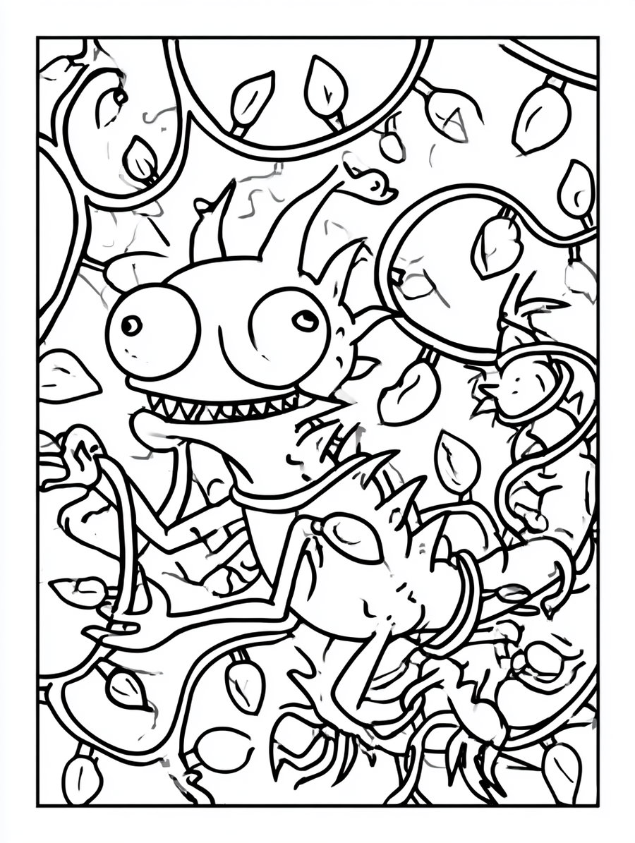 Black and white line drawing of a whimsical fantasy creature with big eyes and sharp teeth entangled in curling vines with leaves all around