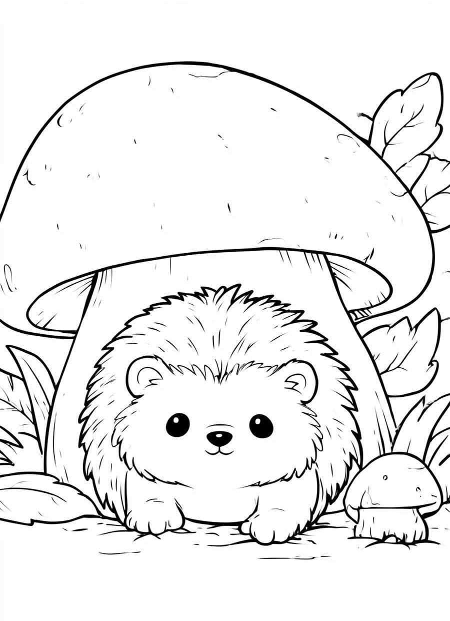 A detailed black and white line drawing of a small hedgehog sitting beneath a large mushroom surrounded by leaves and another small mushroom