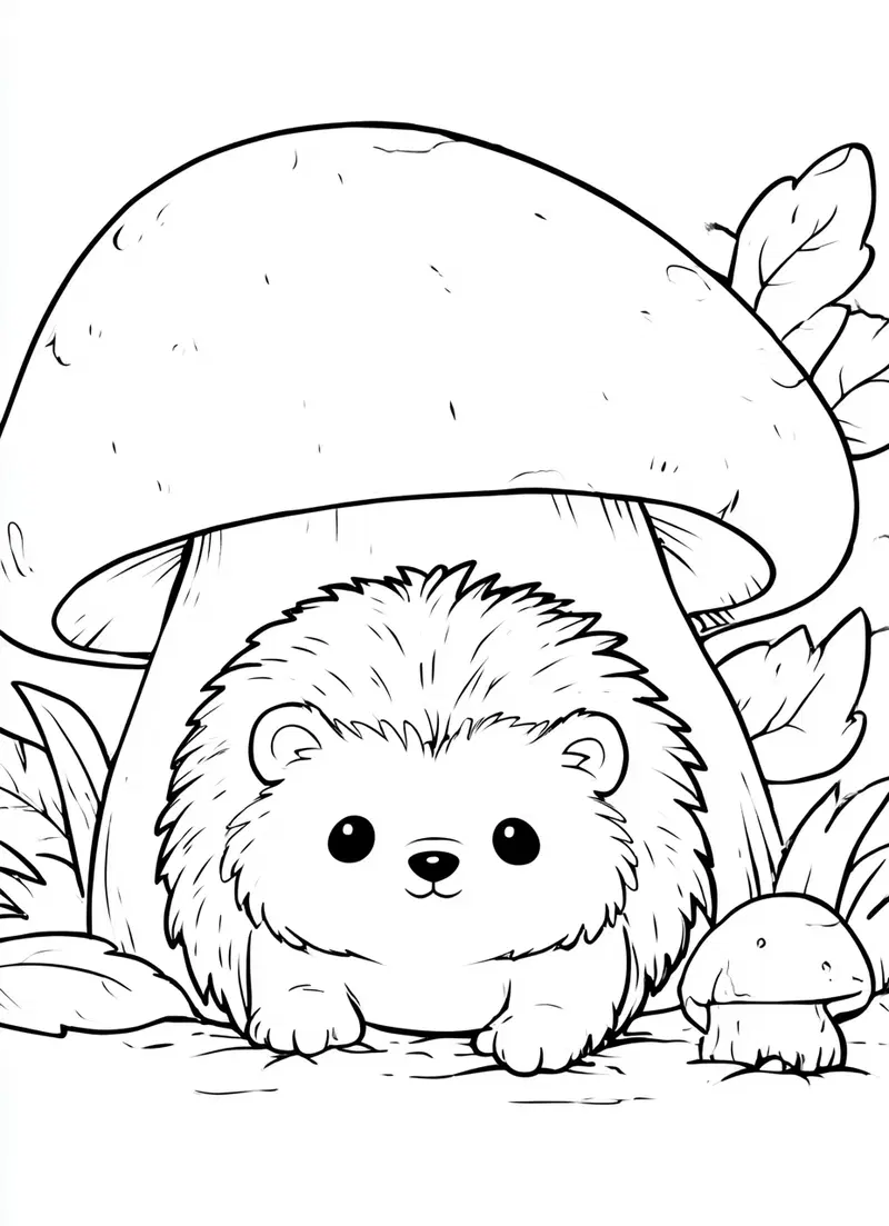 Black and white sketch of a cute hedgehog under a large mushroom in nature
