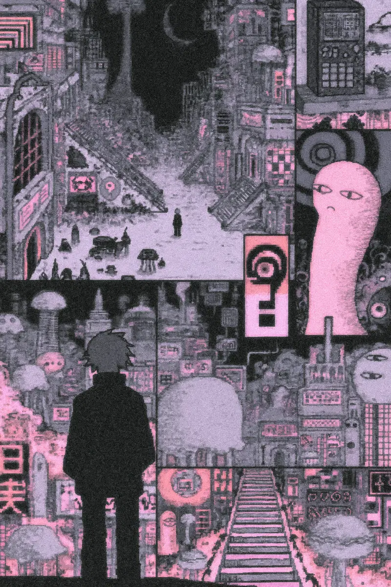Cyberpunk style surreal cityscape with mysterious characters and neon lights