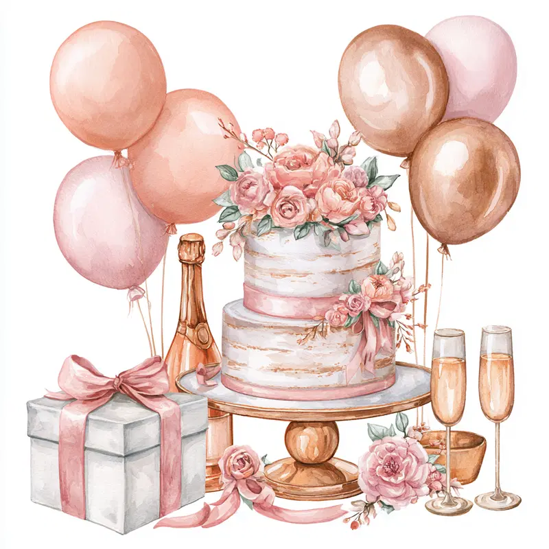 Watercolor illustration of elegant cake and birthday celebration setup