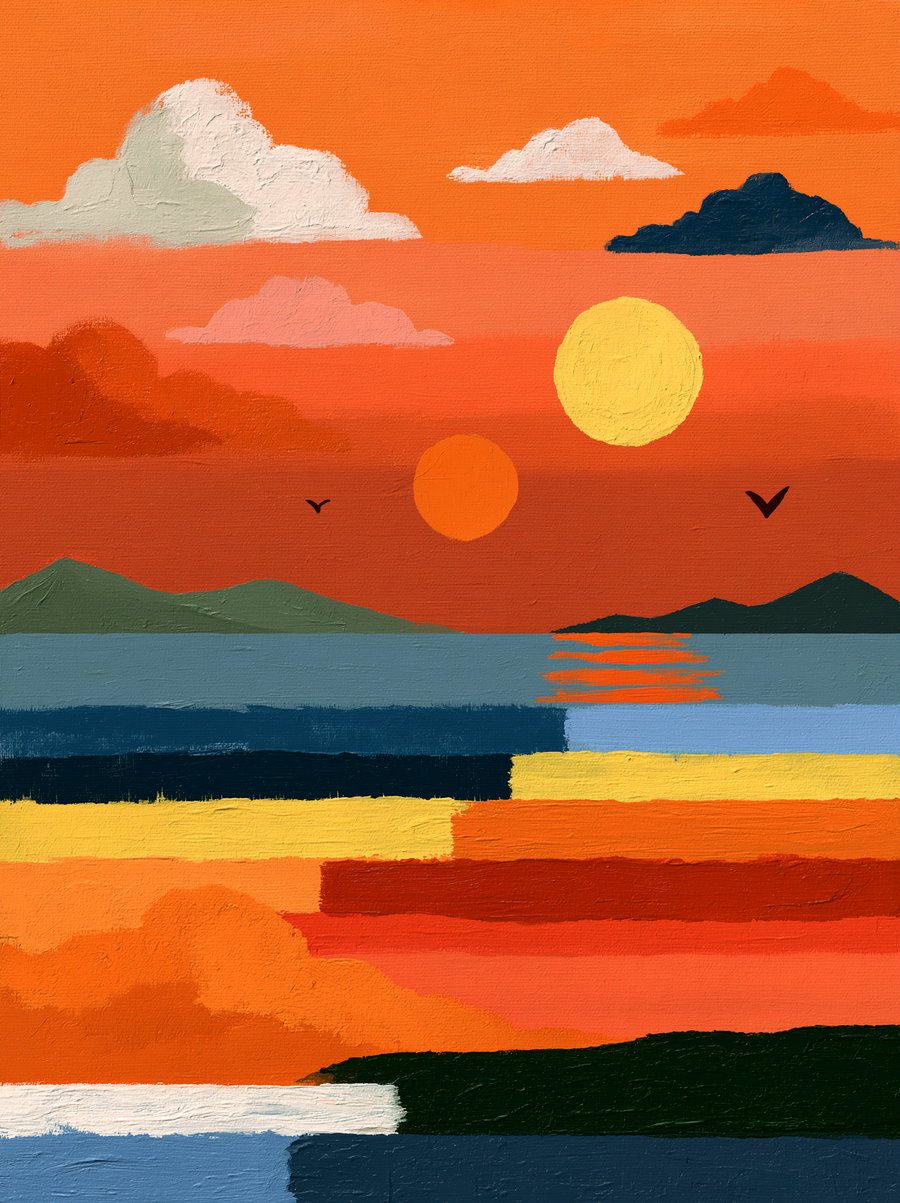 Abstract acrylic painting depicting a sunset with orange and yellow sun circles, colorful clouds, horizontal blocks of various colors representing land and water, and two birds flying