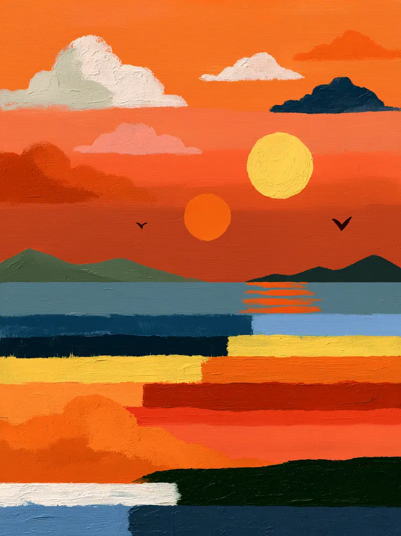 Abstract Acrylic Painting of a Colorful Sunset Over Water and Hills