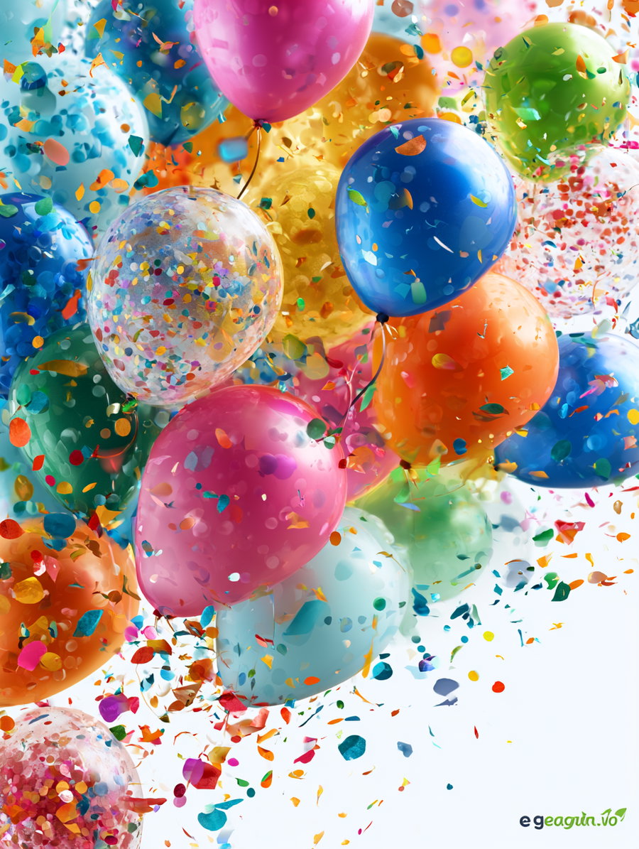 A cluster of vibrant balloons in various colors including blue, pink, orange, green, and clear filled with colorful confetti, surrounded by floating confetti pieces against a light background