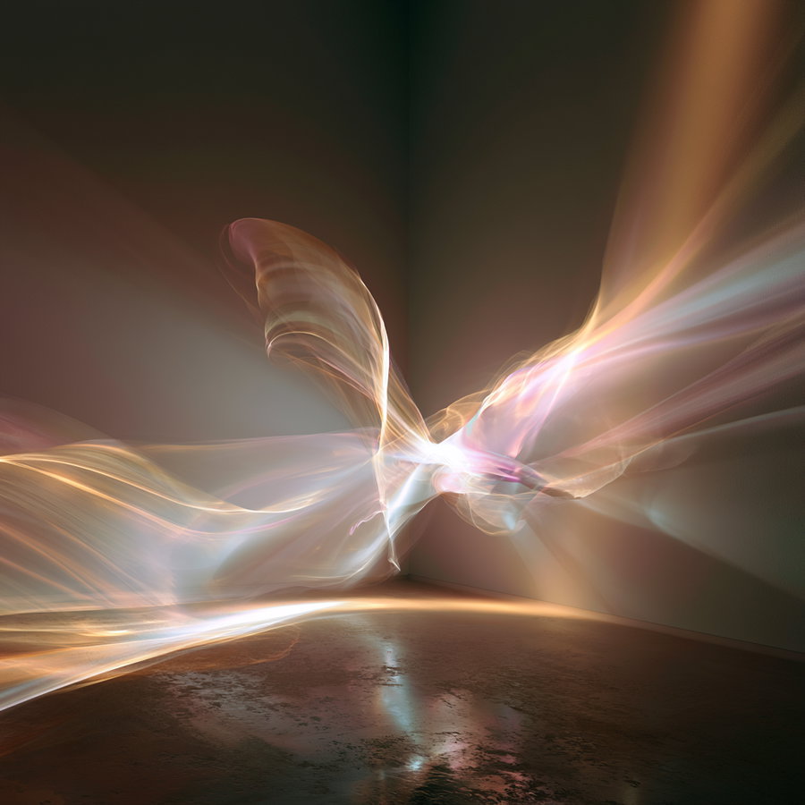 Glowing translucent wave-like shapes in beige and pink hues floating near corner walls with reflections on a rough floor