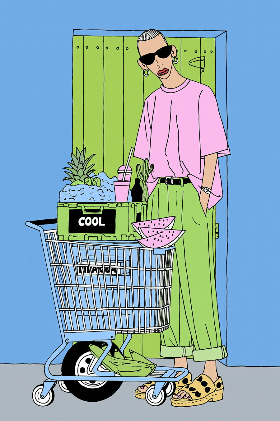 A stylized illustration showing a person wearing sunglasses, a pink shirt, and green pants standing next to a shopping cart containing a crate labeled COOL with ice, pineapples, limes, a drink with a straw, cactus, and watermelon slices.