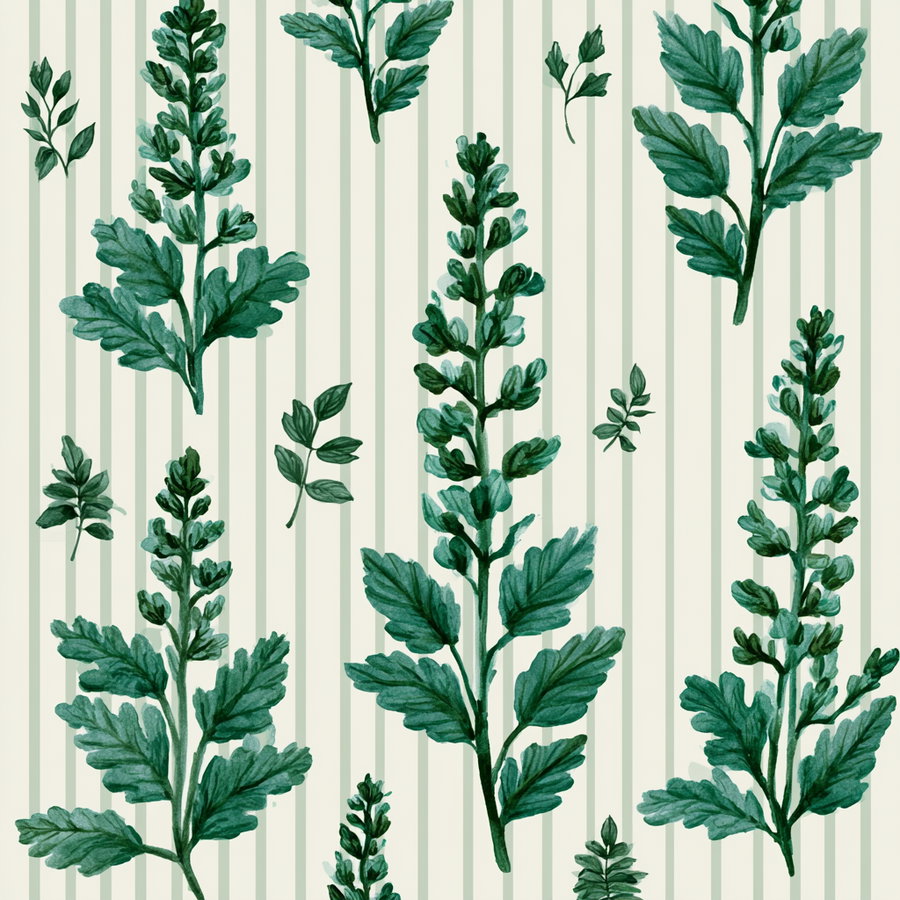 Watercolor illustration of various green leafy stems arranged on a pale background with vertical light green stripes