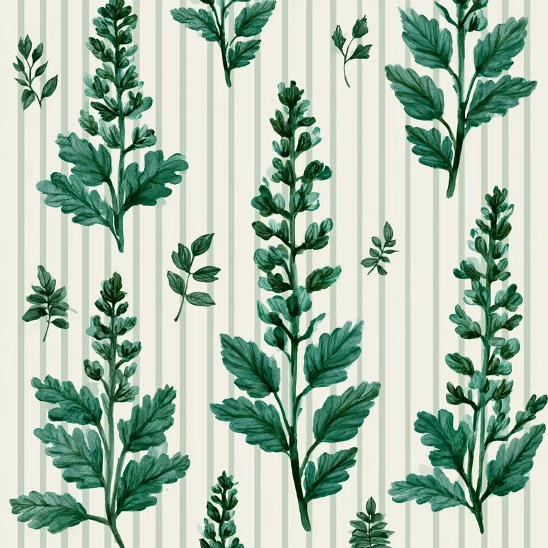 Watercolor painting of green leafy stems on striped light background
